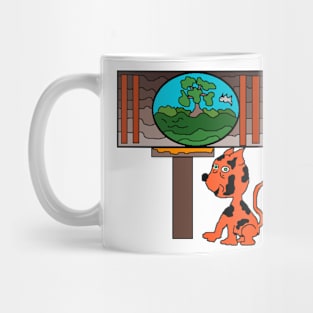 cat looking at fish in aquarium Mug